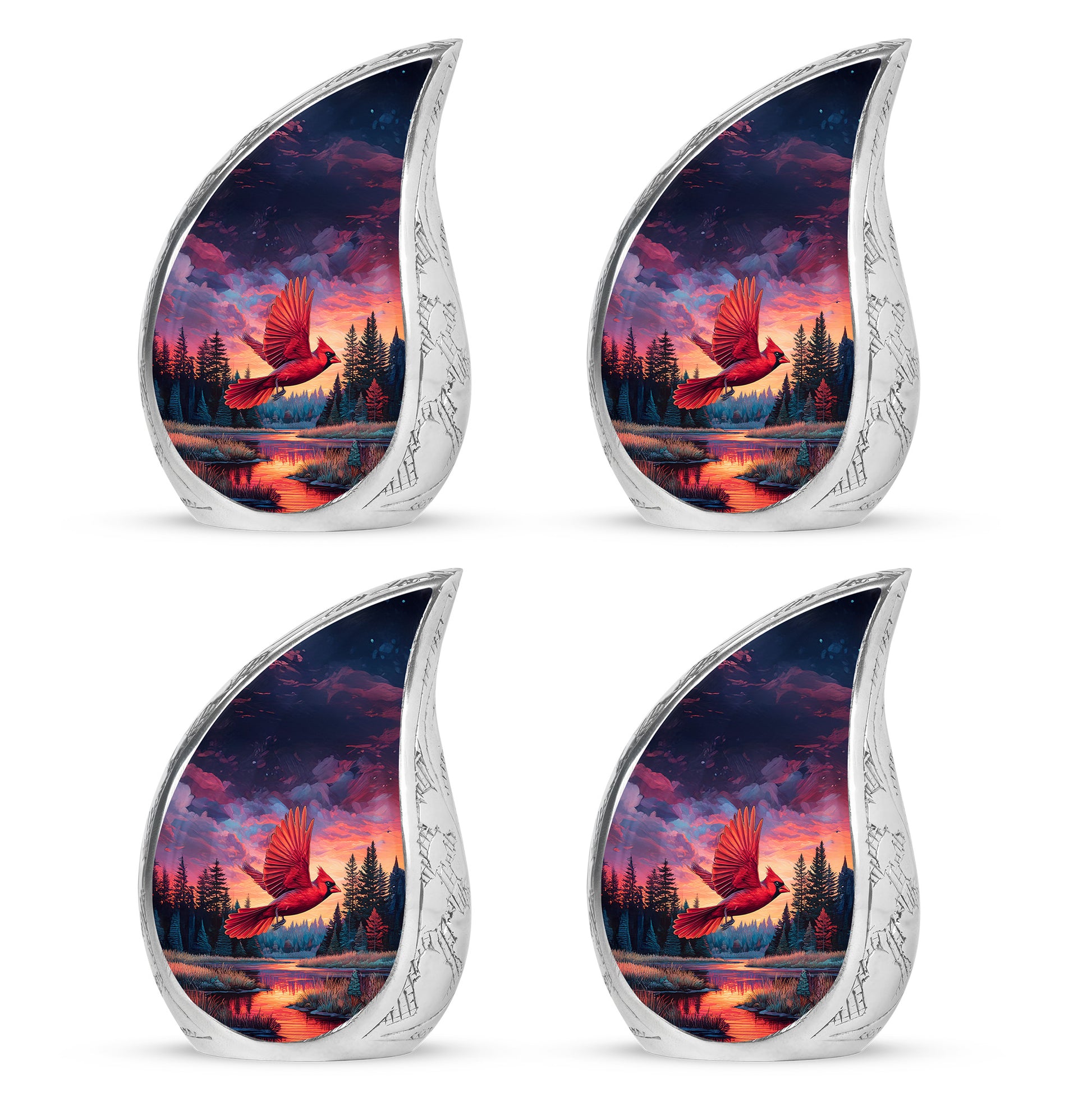 Twilight Blue Cardinal Cremation Urn close-up of engraving and surface detail - smooth teardrop contour featuring cardinal art - 10 inch aluminum urn for cremated remains