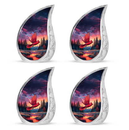 Twilight Blue Cardinal Cremation Urn close-up of engraving and surface detail - smooth teardrop contour featuring cardinal art - 10 inch aluminum urn for cremated remains