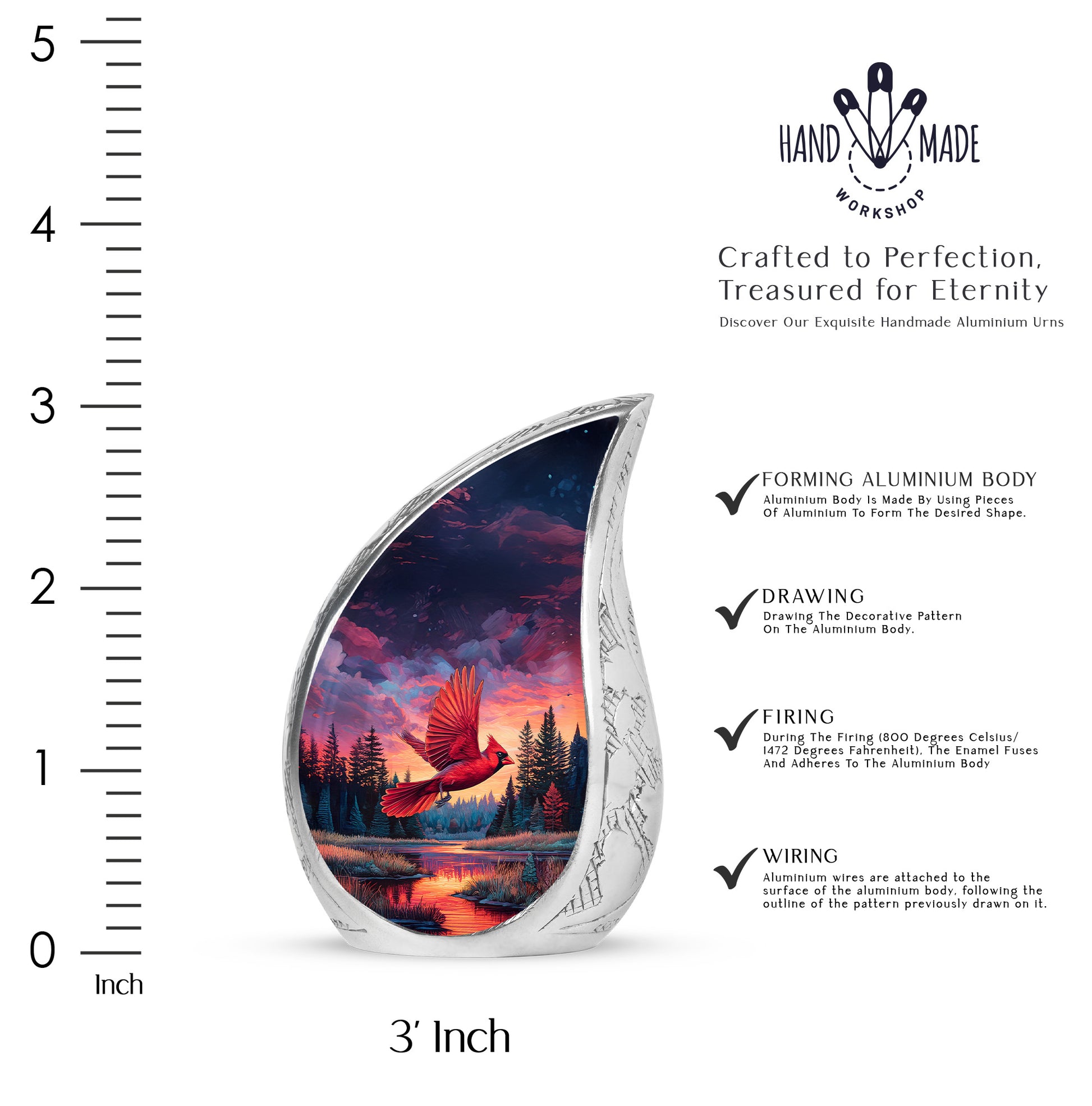 Slate Blue Cardinal Cremation Urn angled view of lid and engraved motif - flowing teardrop cardinal silhouette on curved aluminum - mini keepsake memorial for portion of cremation ashes