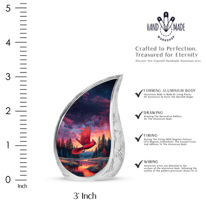 Slate Blue Cardinal Cremation Urn angled view of lid and engraved motif - flowing teardrop cardinal silhouette on curved aluminum - mini keepsake memorial for portion of cremation ashes