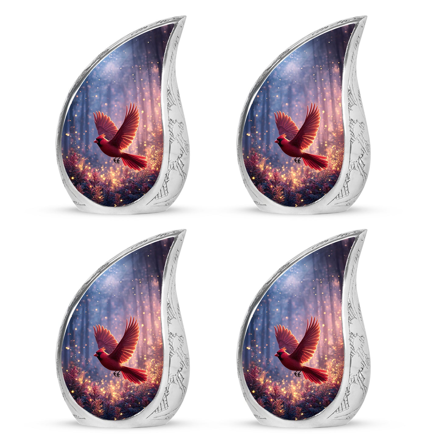 Bright Blue Cardinal Cremation Urn close-up of engraving and surface detail - smooth teardrop contour featuring cardinal art - 10 inch aluminum urn for cremated remains