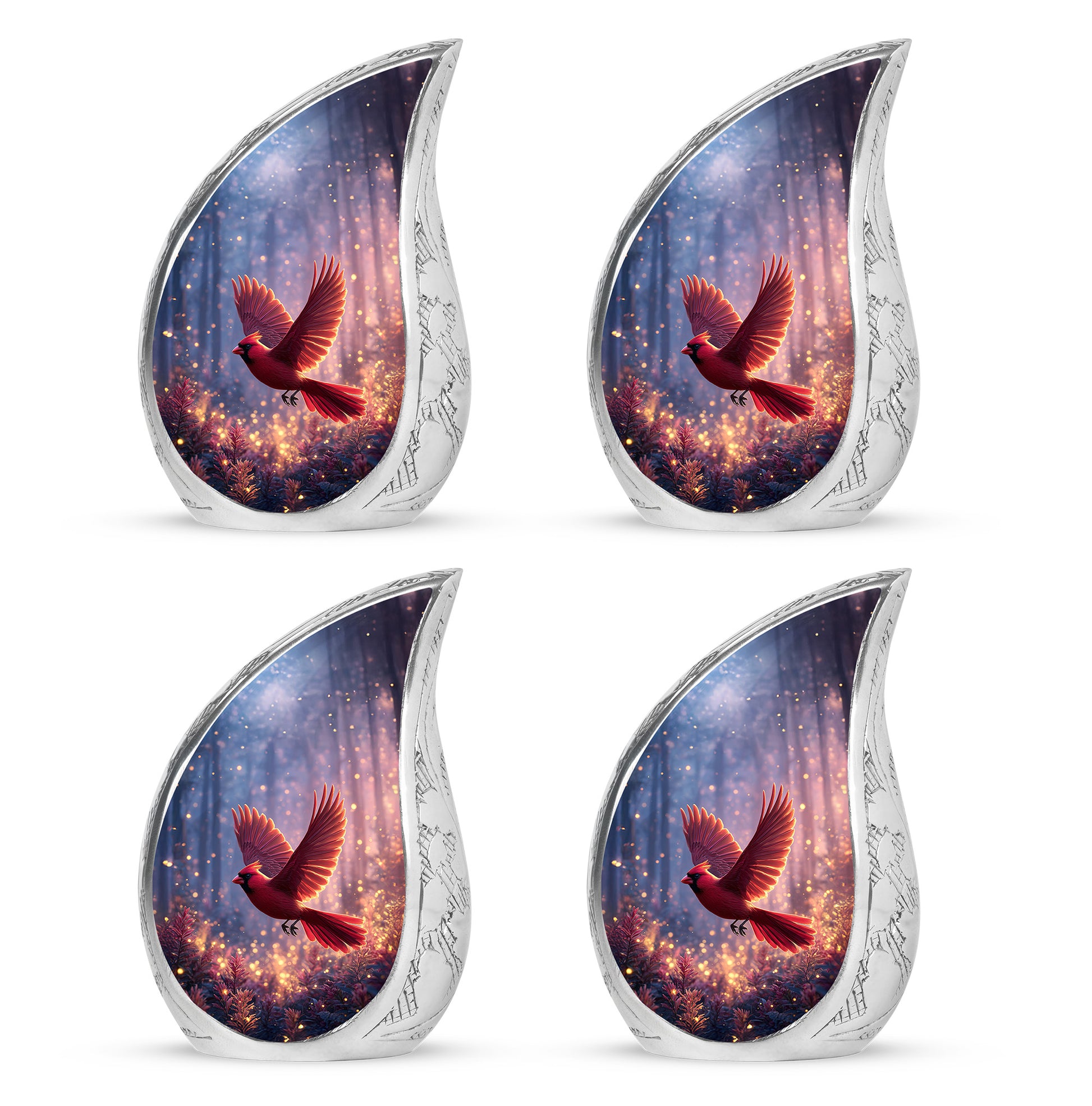 Bright Blue Cardinal Cremation Urn close-up of engraving and surface detail - smooth teardrop contour featuring cardinal art - 10 inch aluminum urn for cremated remains