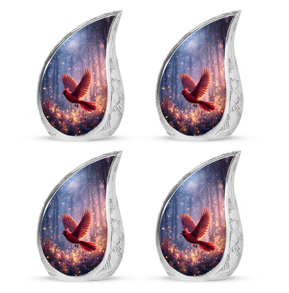 Bright Blue Cardinal Cremation Urn close-up of engraving and surface detail - smooth teardrop contour featuring cardinal art - 10 inch aluminum urn for cremated remains