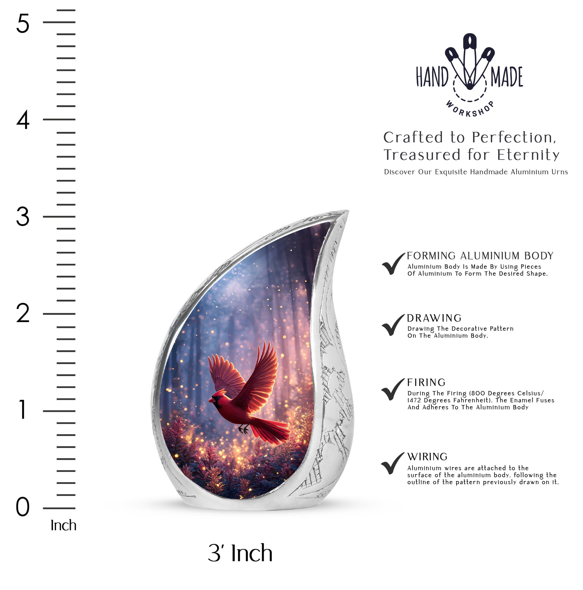 Sapphire Blue Cardinal Cremation Urn angled view of lid and engraved motif - graceful tear-shaped urn with cardinal motif - mini keepsake memorial for portion of cremation ashes