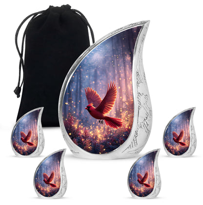 Slate Blue Cardinal Cremation Urn side profile showing urn shape - flowing teardrop cardinal silhouette on curved aluminum - memorial set with one large and four small urns