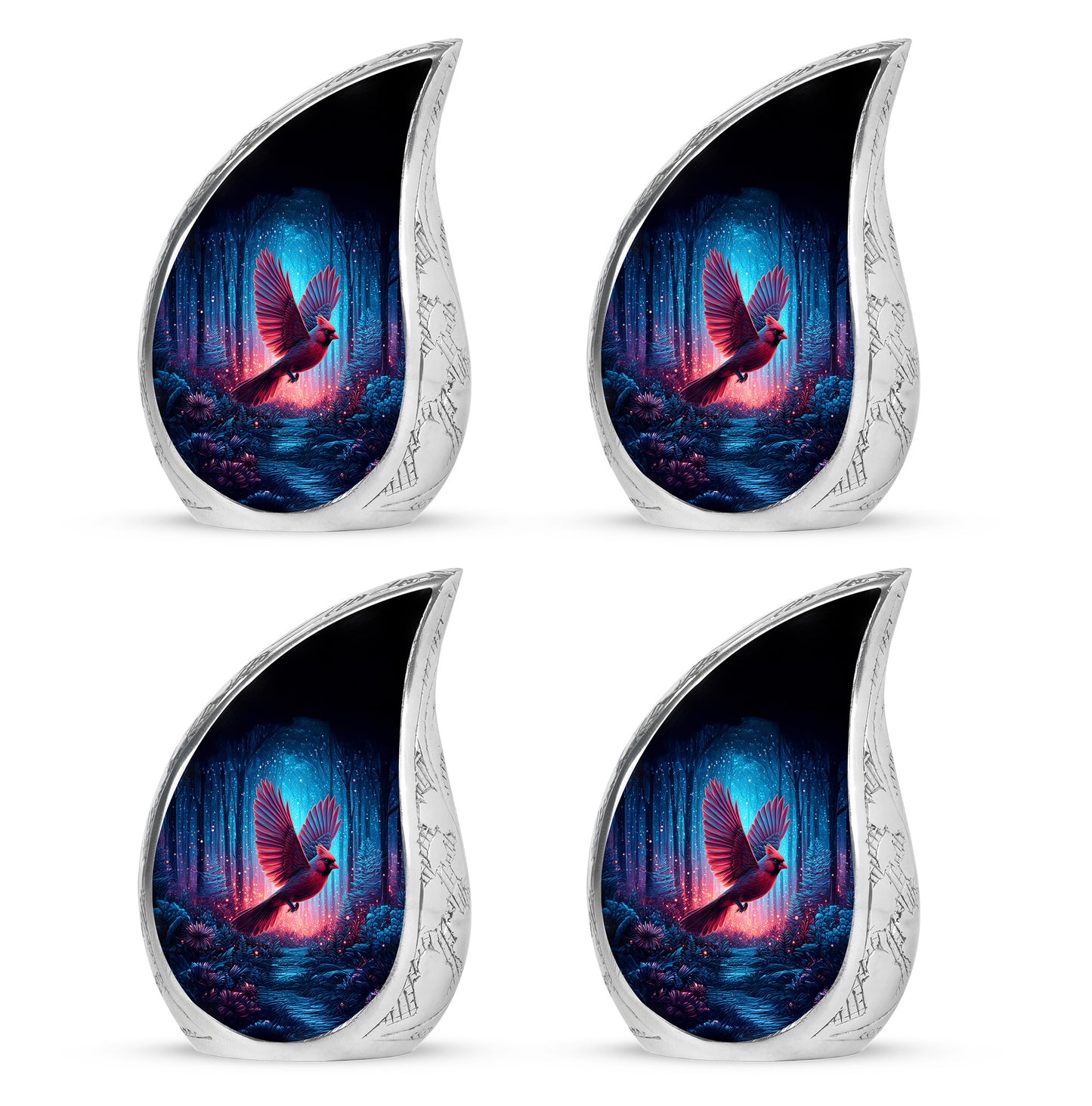 Rich Black Cardinal Cremation Urn close-up of engraving and surface detail - flowing teardrop cardinal silhouette on curved aluminum - 10 inch aluminum urn for cremated remains