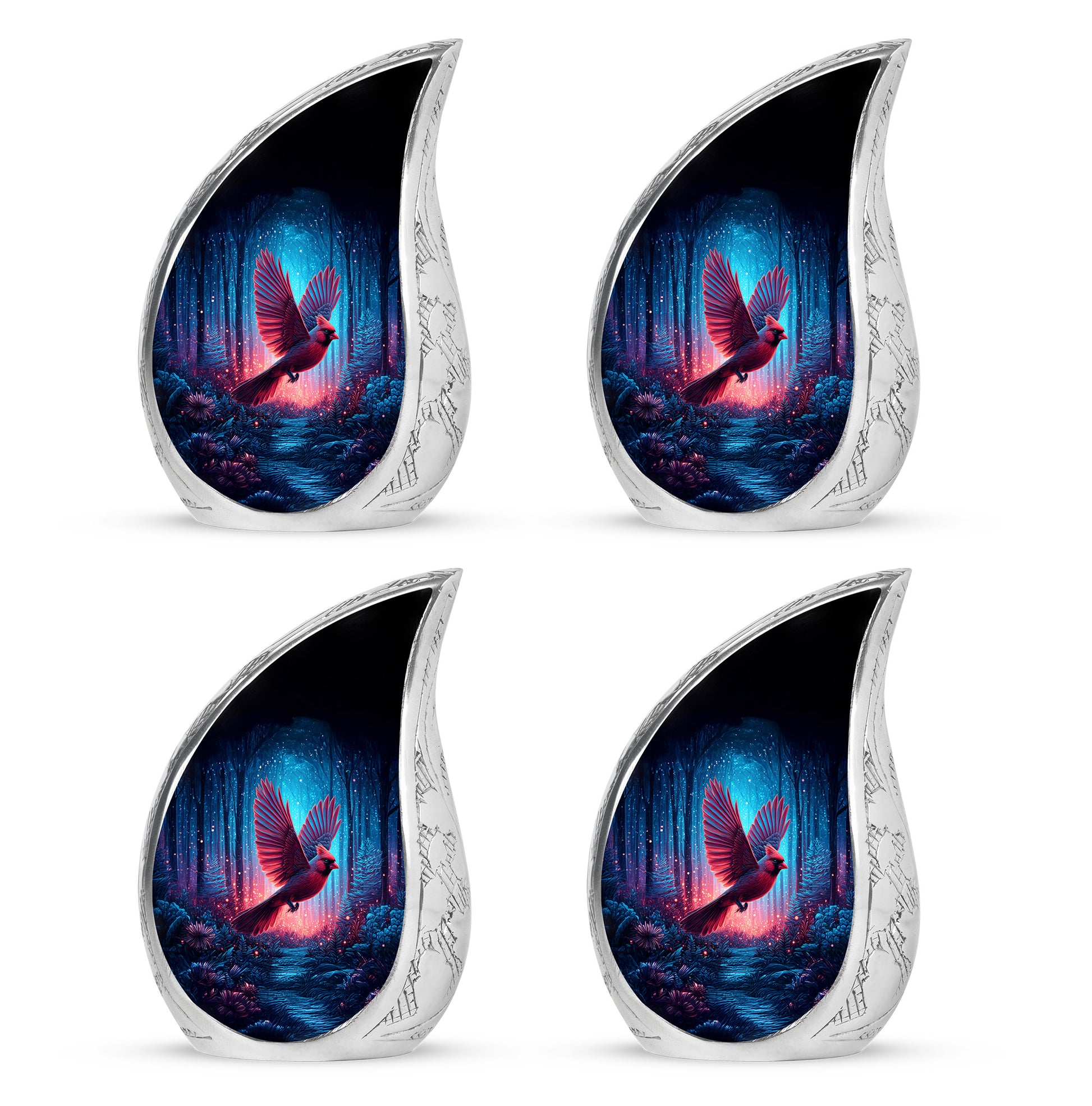 Rich Black Cardinal Cremation Urn close-up of engraving and surface detail - flowing teardrop cardinal silhouette on curved aluminum - 10 inch aluminum urn for cremated remains