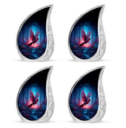 Rich Black Cardinal Cremation Urn close-up of engraving and surface detail - flowing teardrop cardinal silhouette on curved aluminum - 10 inch aluminum urn for cremated remains