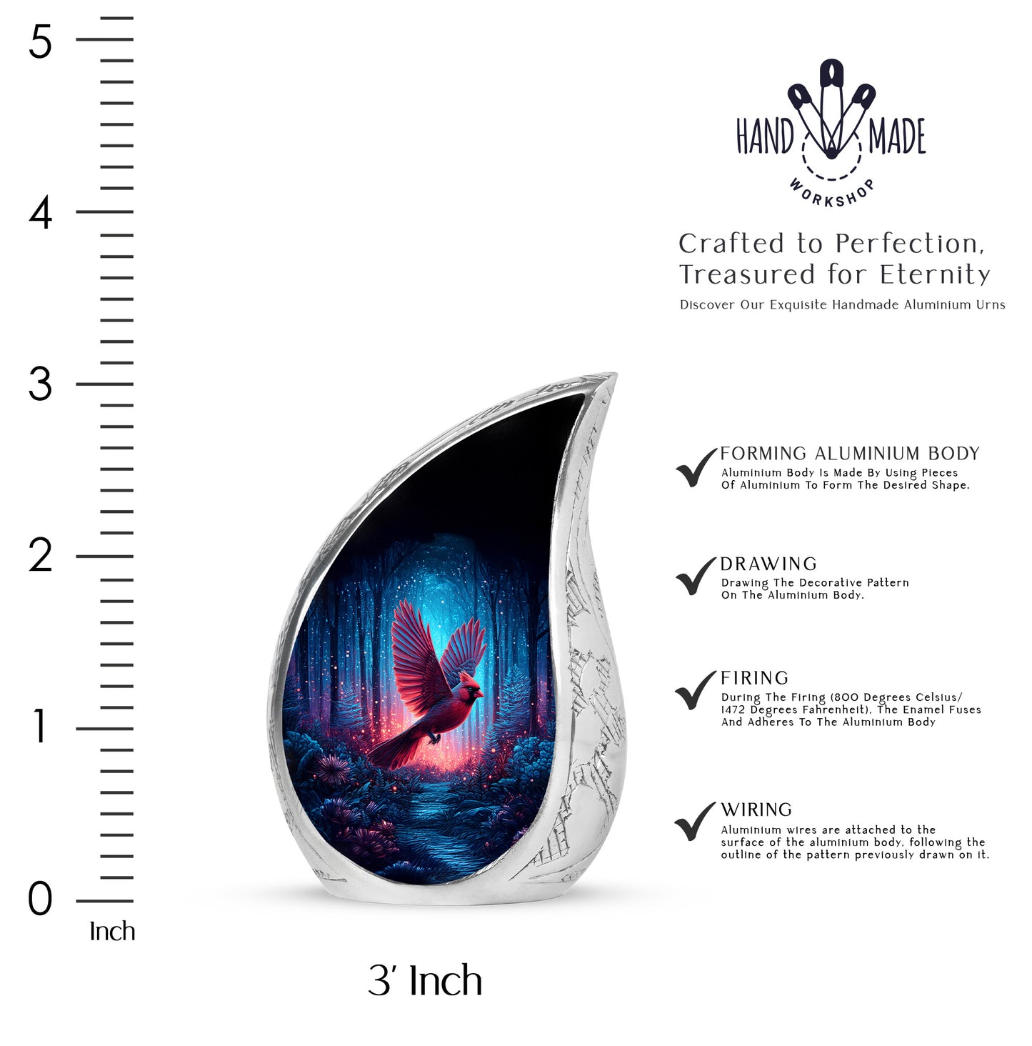 Midnight Black Cardinal Cremation Urn angled view of lid and engraved motif - graceful tear-shaped urn with cardinal motif - mini keepsake memorial for portion of cremation ashes