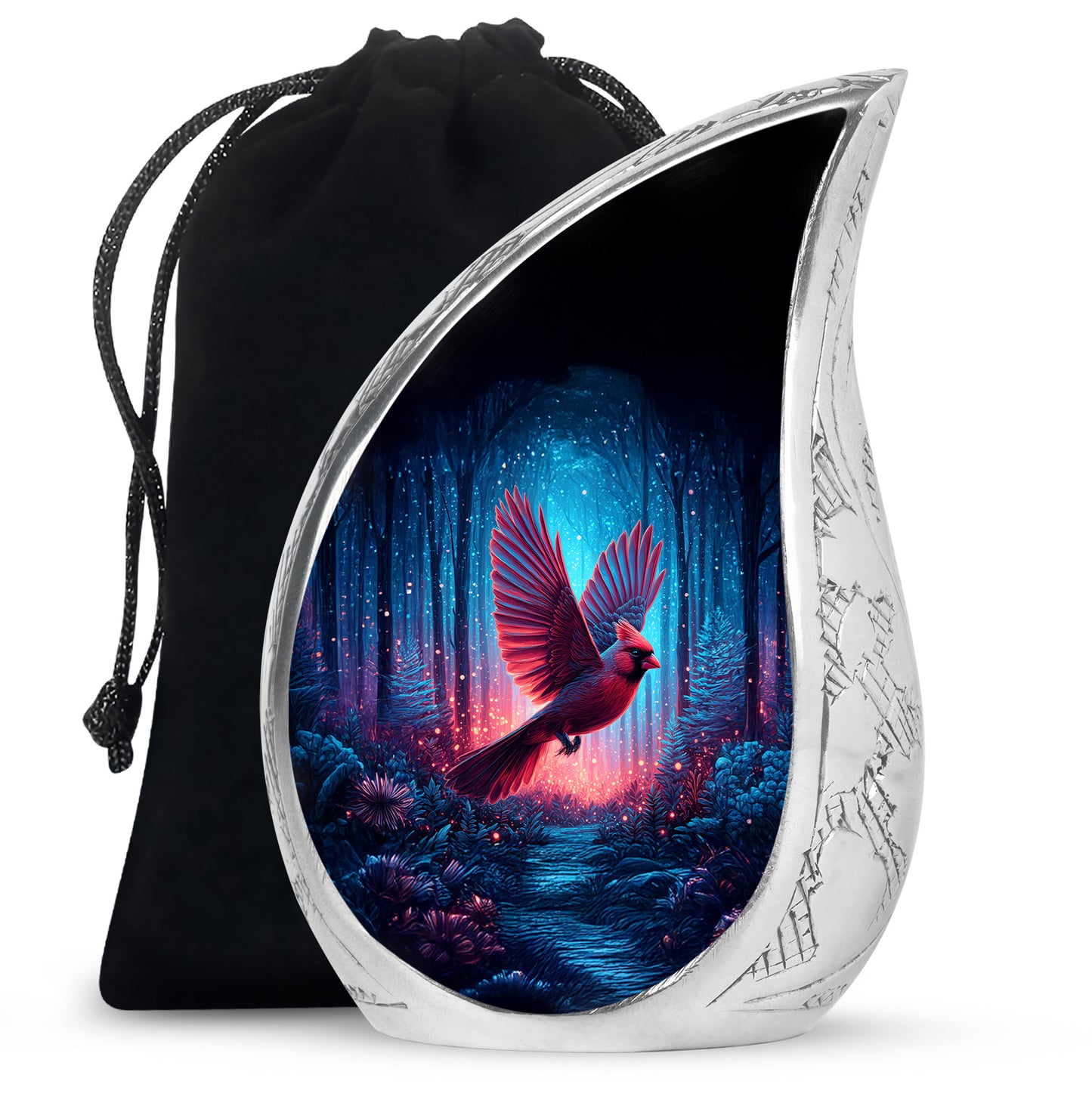 Glossy Black Cardinal Cremation Urn front view showing detailed design - rounded teardrop cardinal design with delicate detail - full-size 10 inch 200 cubic inch adult cremation urn