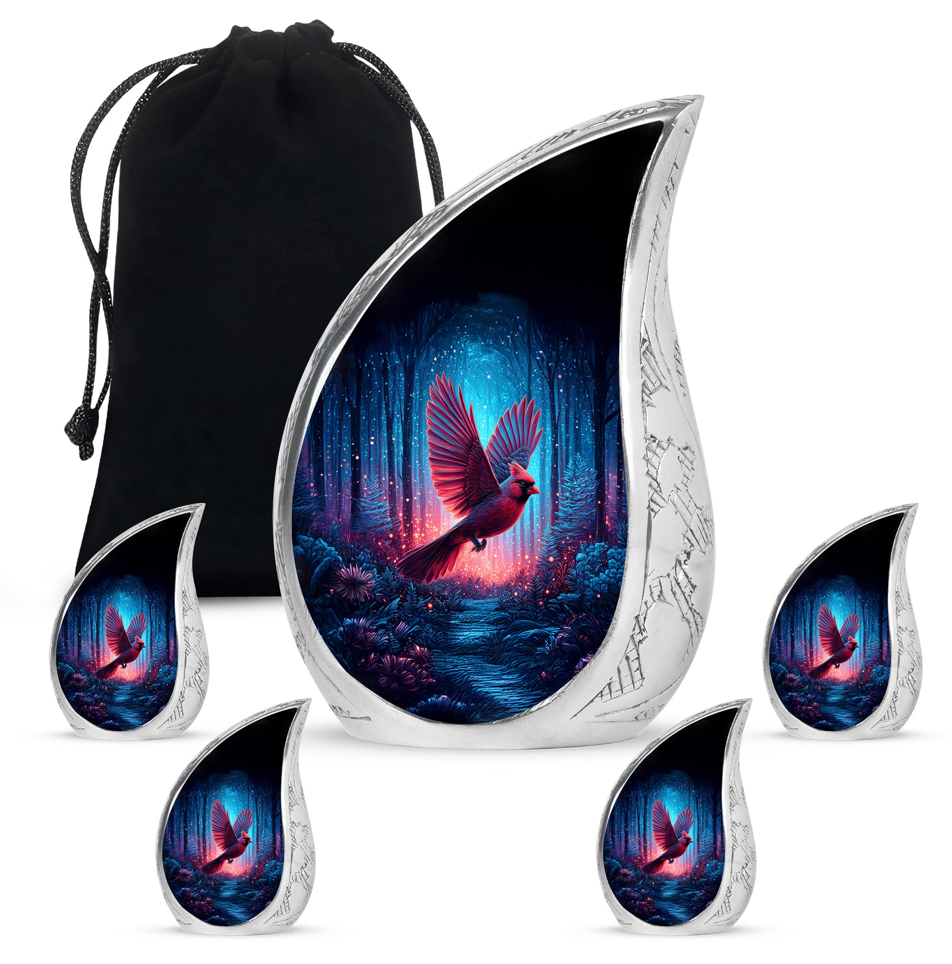 Midnight Black Cardinal Cremation Urn side profile showing urn shape - smooth teardrop contour featuring cardinal art - memorial set with one large and four small urns