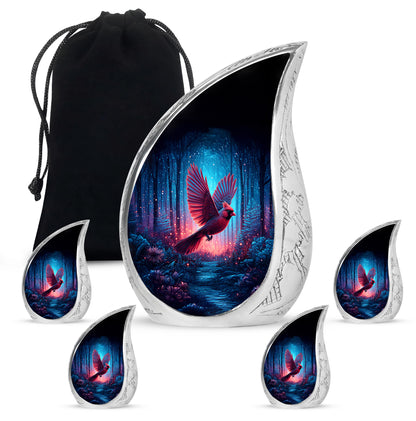 Midnight Black Cardinal Cremation Urn side profile showing urn shape - smooth teardrop contour featuring cardinal art - memorial set with one large and four small urns