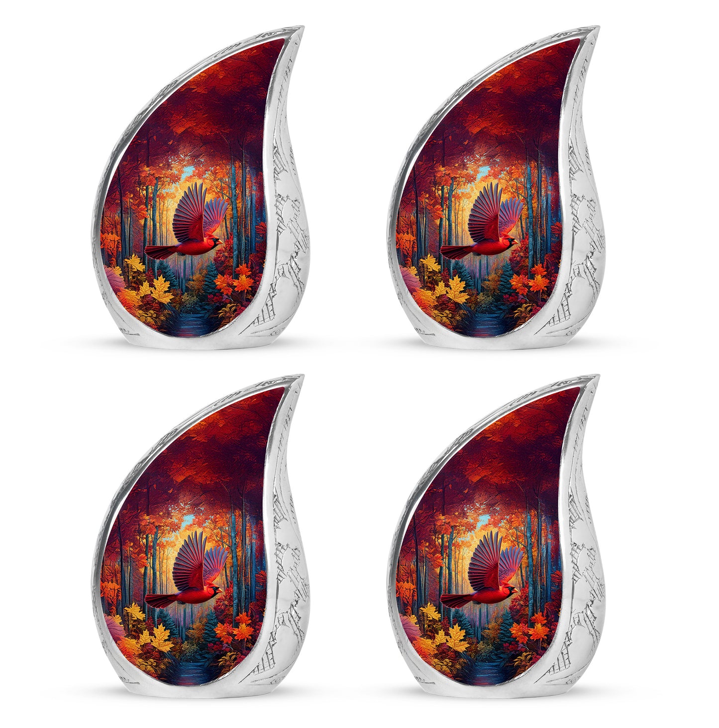 Fiery Red Cardinal Cremation Urn close-up of engraving and surface detail - smooth teardrop contour featuring cardinal art - 10 inch aluminum urn for cremated remains
