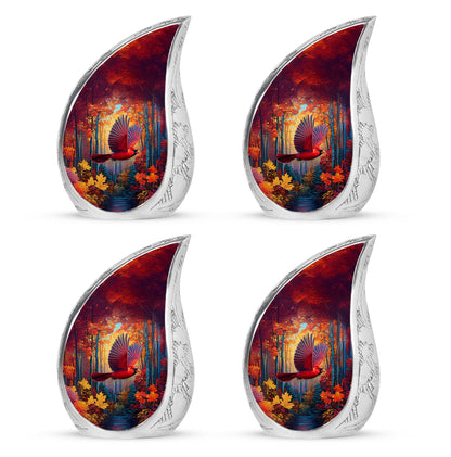 Fiery Red Cardinal Cremation Urn close-up of engraving and surface detail - smooth teardrop contour featuring cardinal art - 10 inch aluminum urn for cremated remains