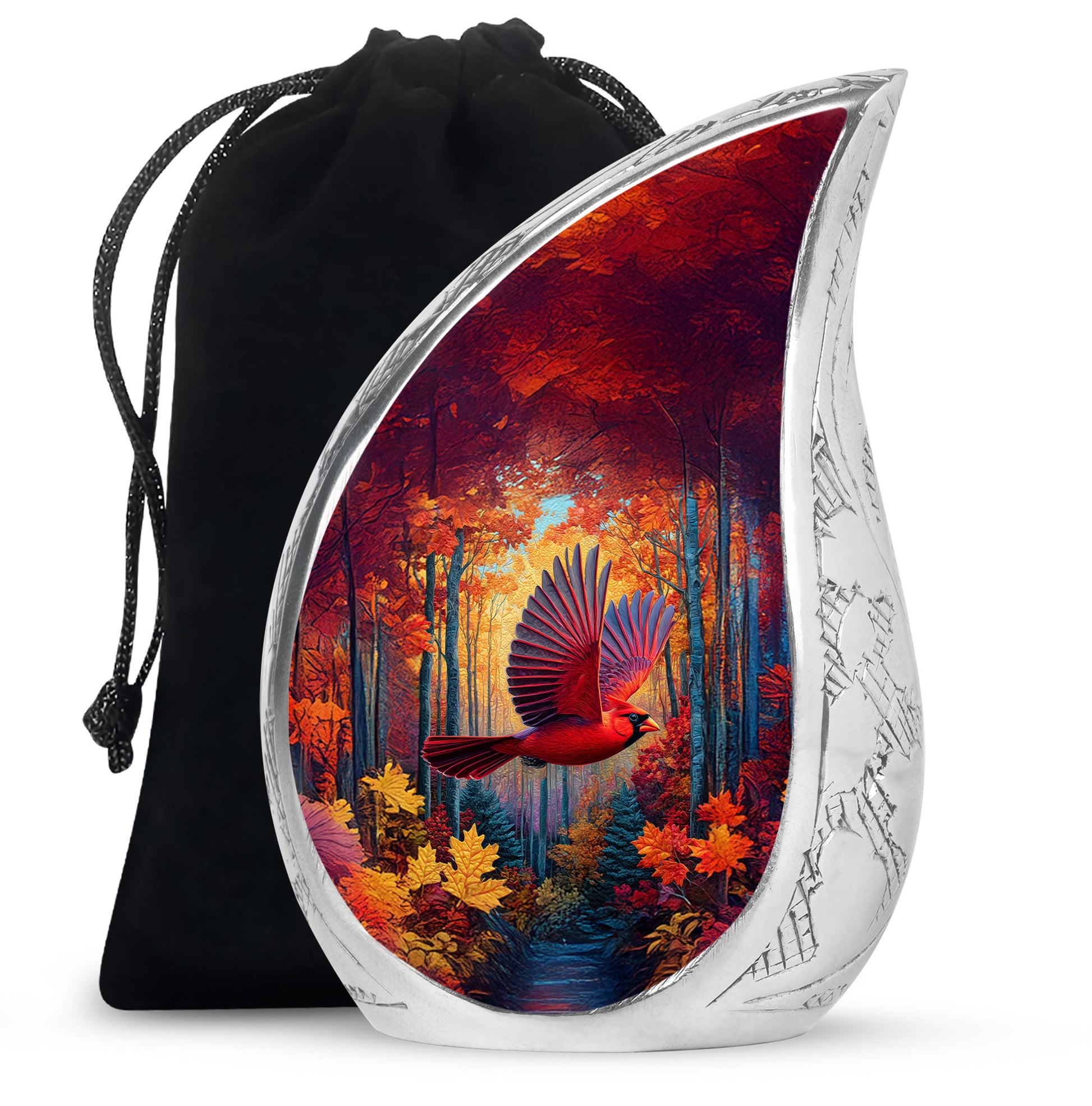 Fiery Red Cardinal Cremation Urn front view showing detailed design - smooth teardrop contour featuring cardinal art - full-size 10 inch 200 cubic inch adult cremation urn