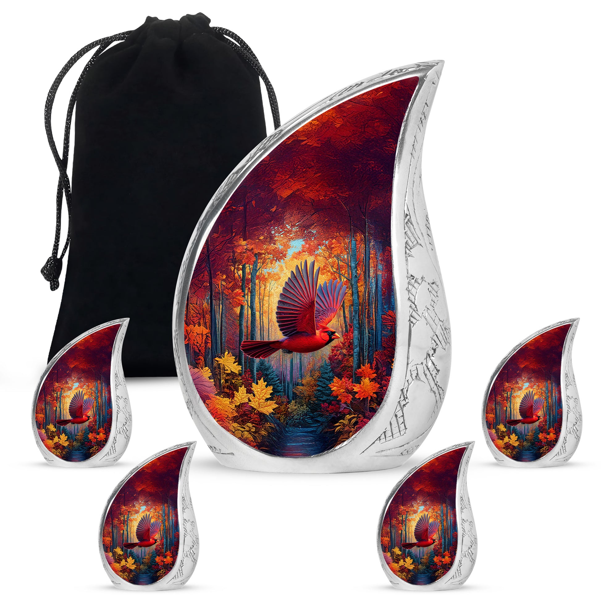 Garnet Red Cardinal Cremation Urn side profile showing urn shape - flowing teardrop cardinal silhouette on curved aluminum - memorial set with one large and four small urns