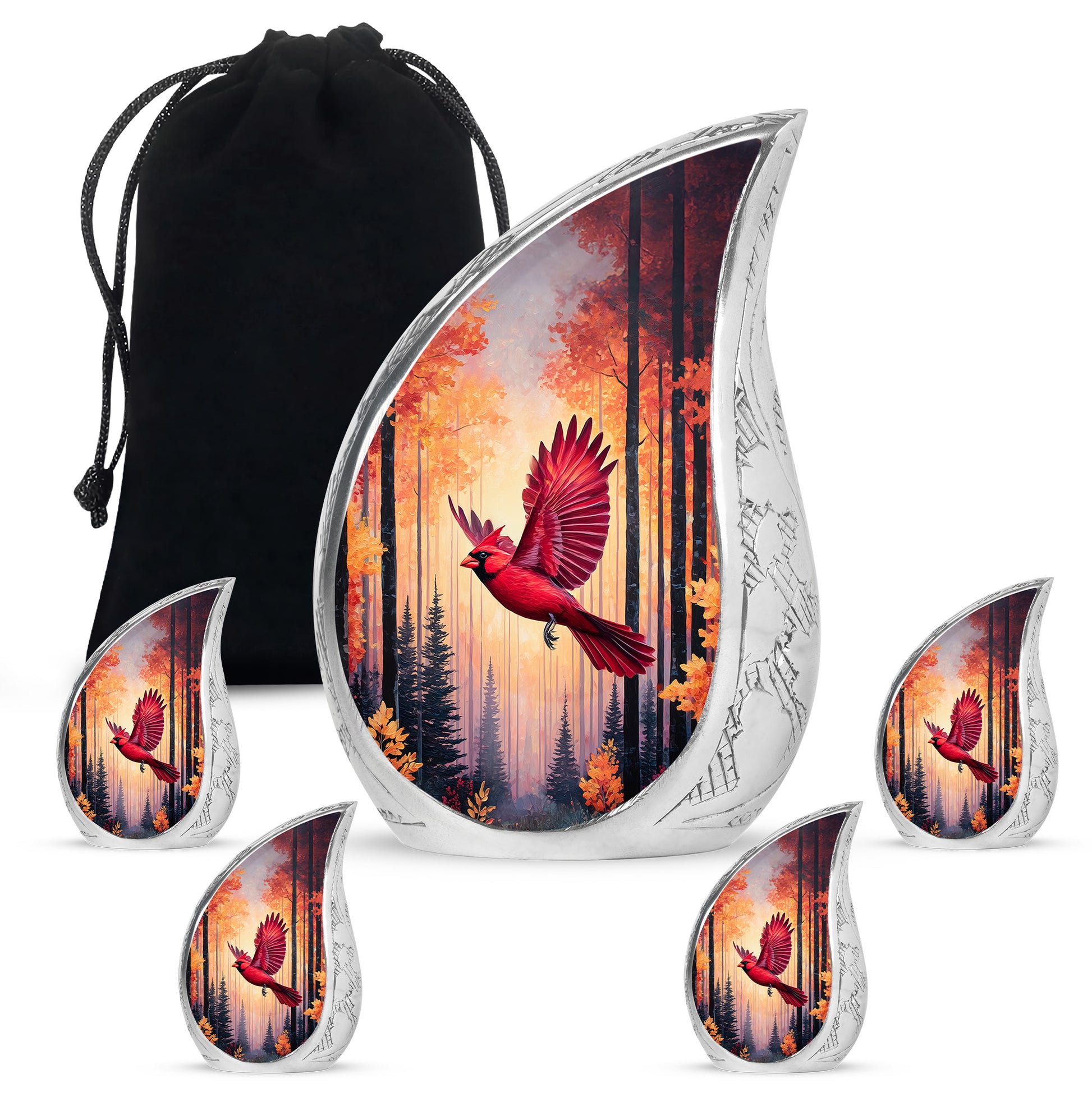 Fiery Red Cardinal Cremation Urn side profile showing urn shape - smooth teardrop contour featuring cardinal art - memorial set with one large and four small urns