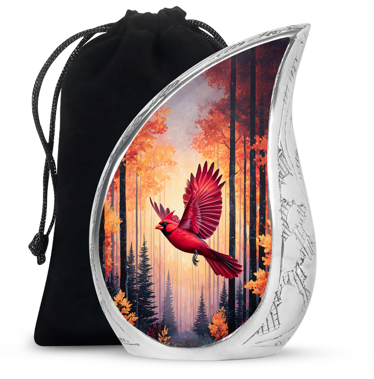 Rich Red Cardinal Cremation Urn front view showing detailed design - graceful tear-shaped urn with cardinal motif - full-size 10 inch 200 cubic inch adult cremation urn