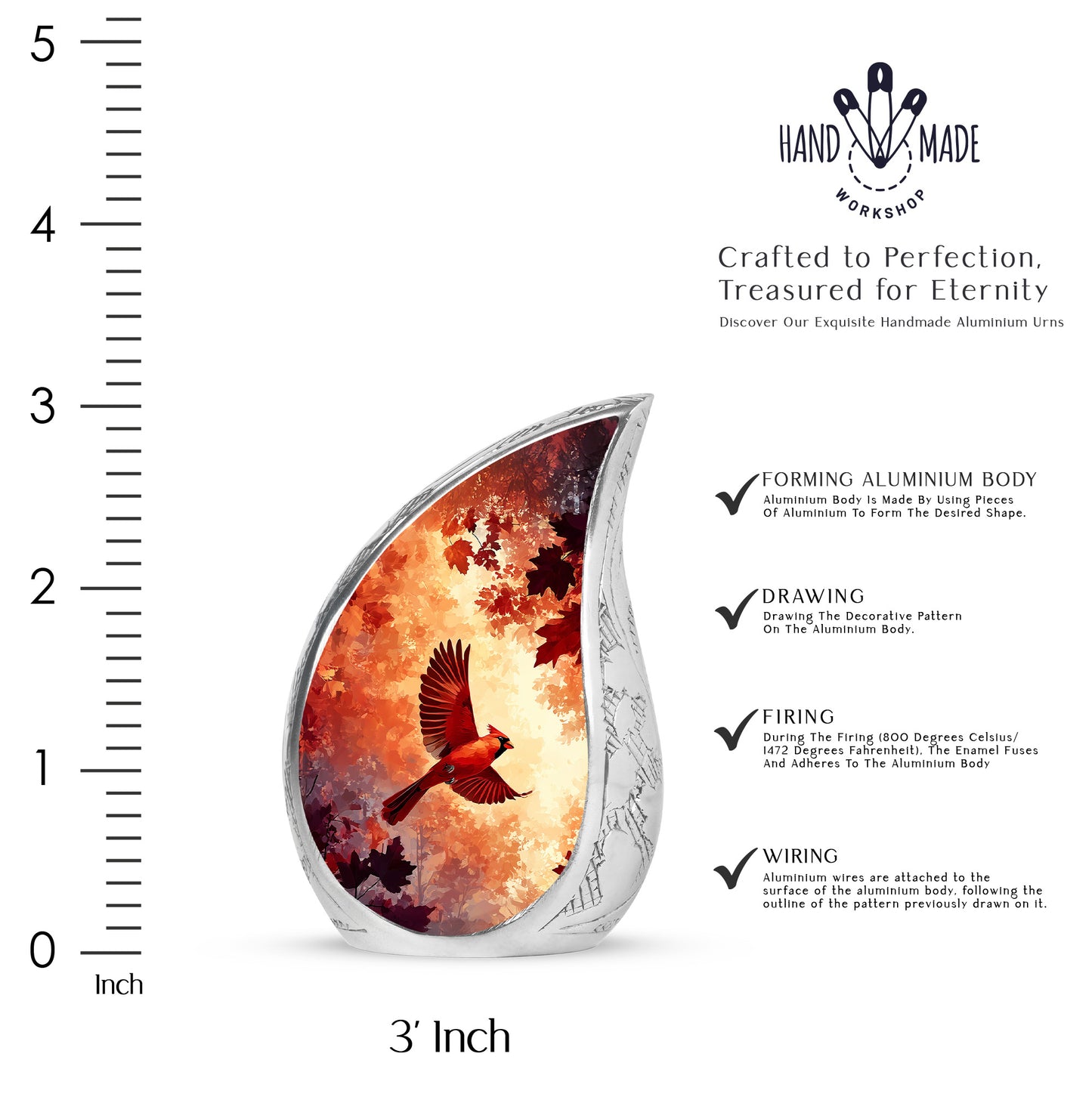 Burgundy Red Cardinal Cremation Urn angled view of lid and engraved motif - rounded teardrop cardinal design with delicate detail - mini keepsake memorial for portion of cremation ashes