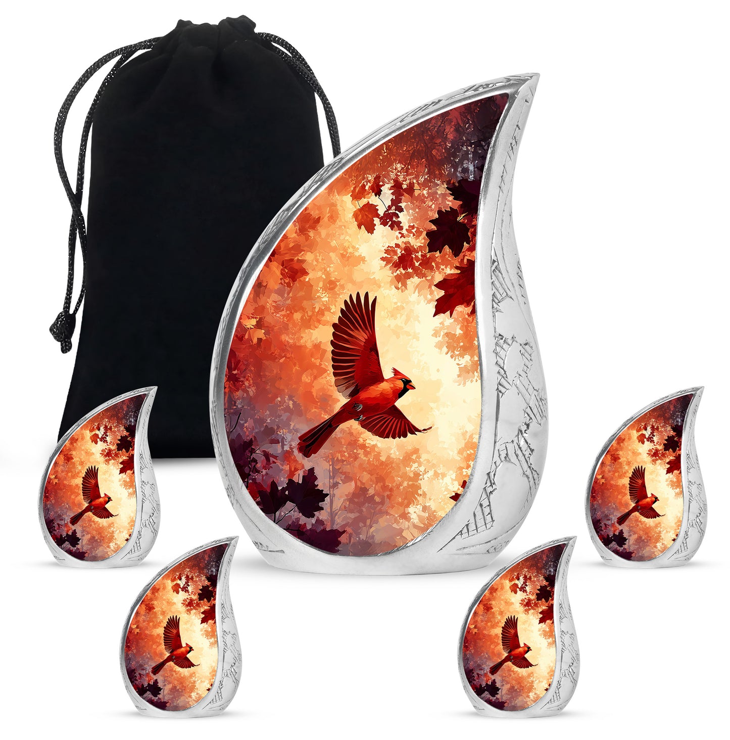 Ruby Red Cardinal Cremation Urn side profile showing urn shape - smooth teardrop contour featuring cardinal art - memorial set with one large and four small urns