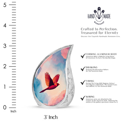 Soft Blue Cardinal Cremation Urn angled view of lid and engraved motif - smooth teardrop contour featuring cardinal art - mini keepsake memorial for portion of cremation ashes