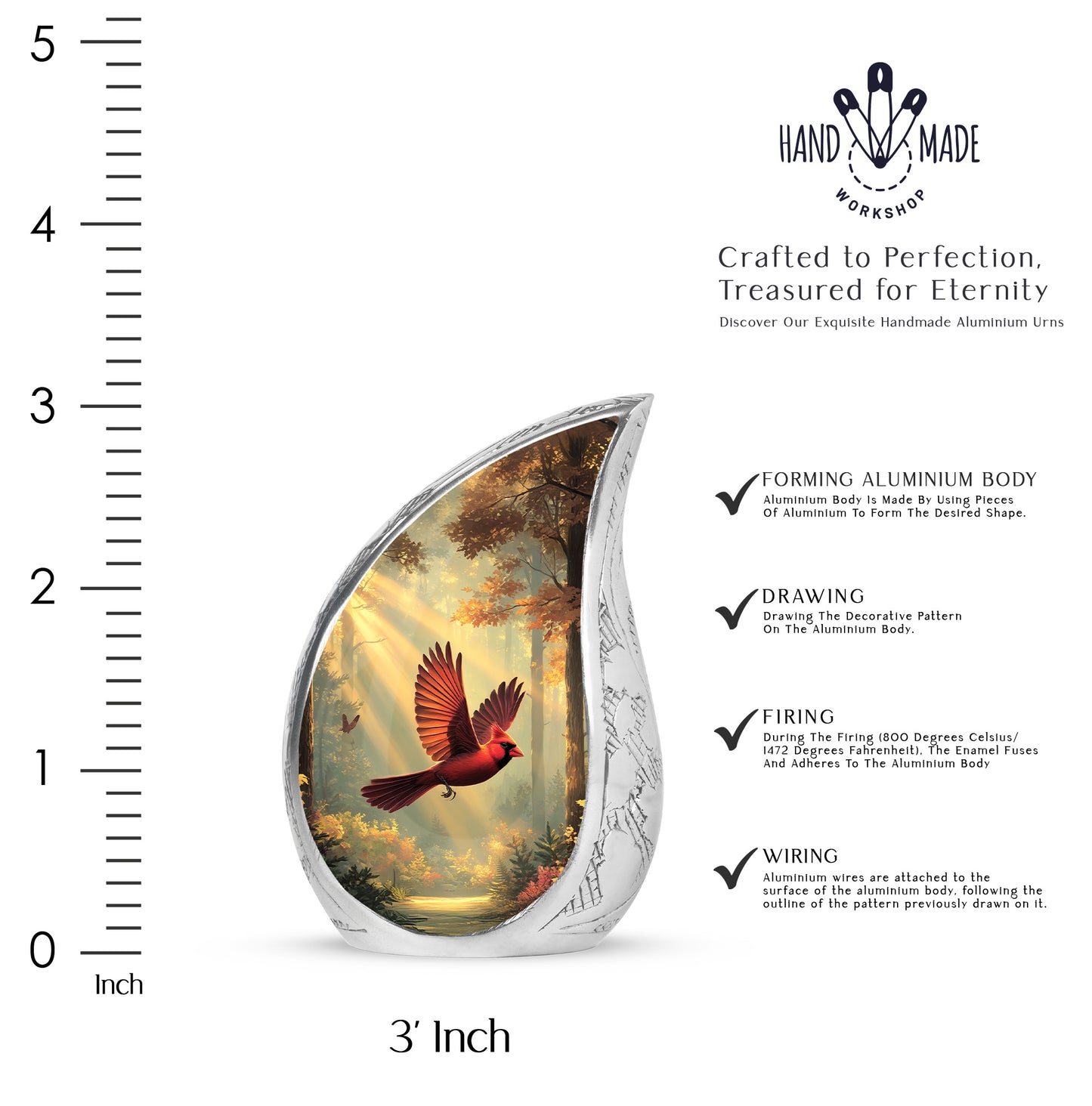 Warm Gold Cardinal Cremation Urn angled view of lid and engraved motif - graceful tear-shaped urn with cardinal motif - mini keepsake memorial for portion of cremation ashes
