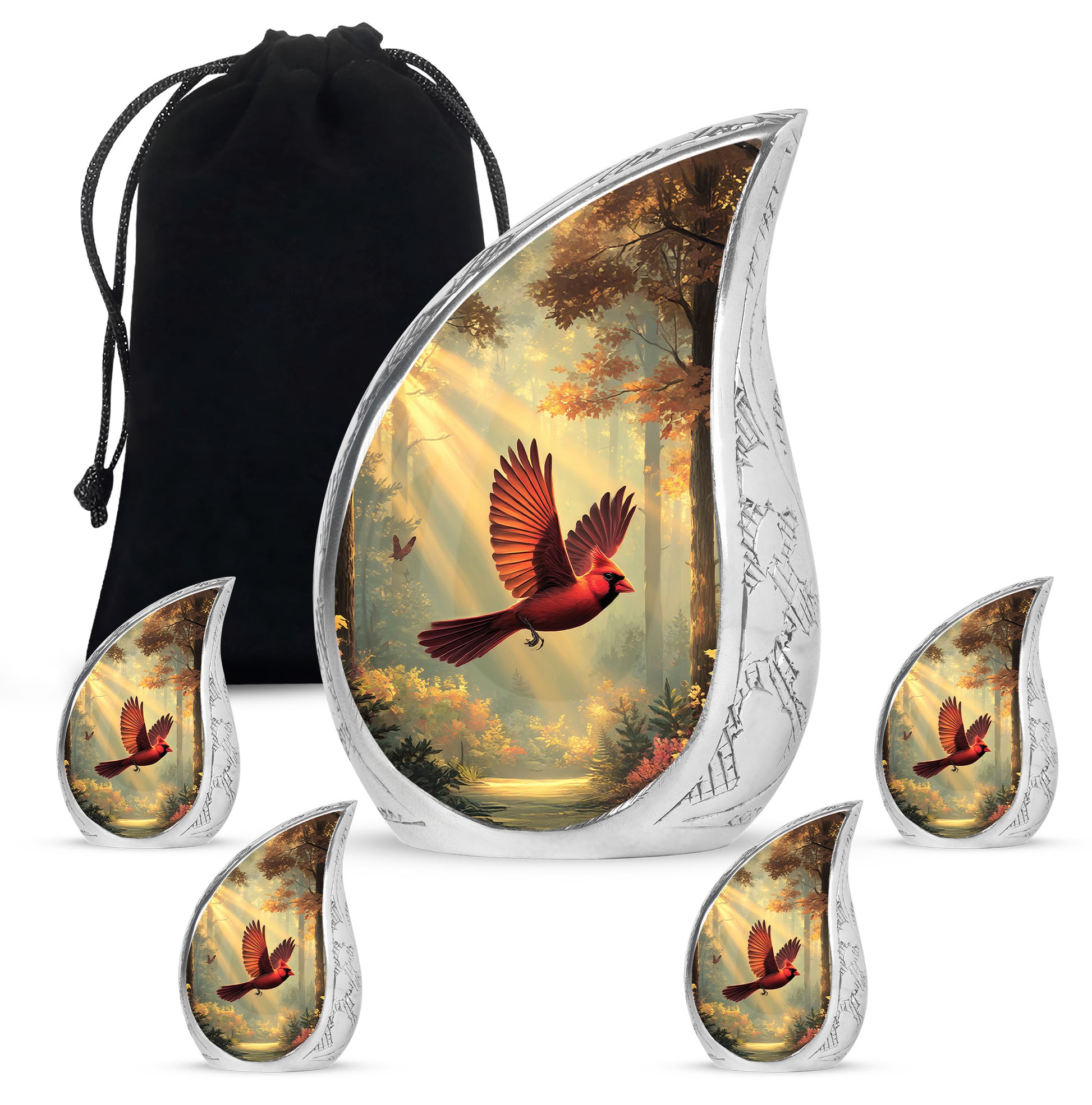 Amber Gold Cardinal Cremation Urn side profile showing urn shape - rounded teardrop cardinal design with delicate detail - memorial set with one large and four small urns