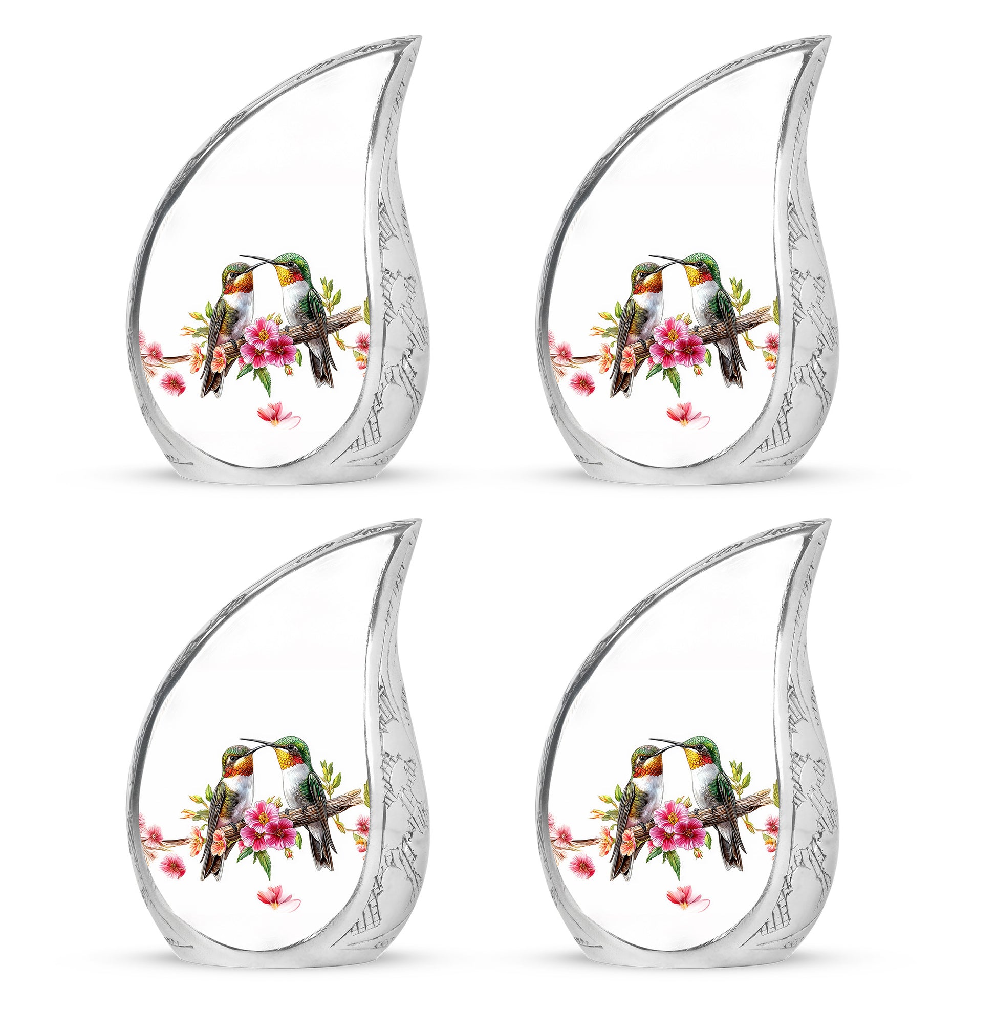 Satin Silver Hummingbird Cremation Urn close-up of engraving and surface detail - flowing teardrop hummingbird silhouette on curved aluminum - 10 inch aluminum urn for cremated remains