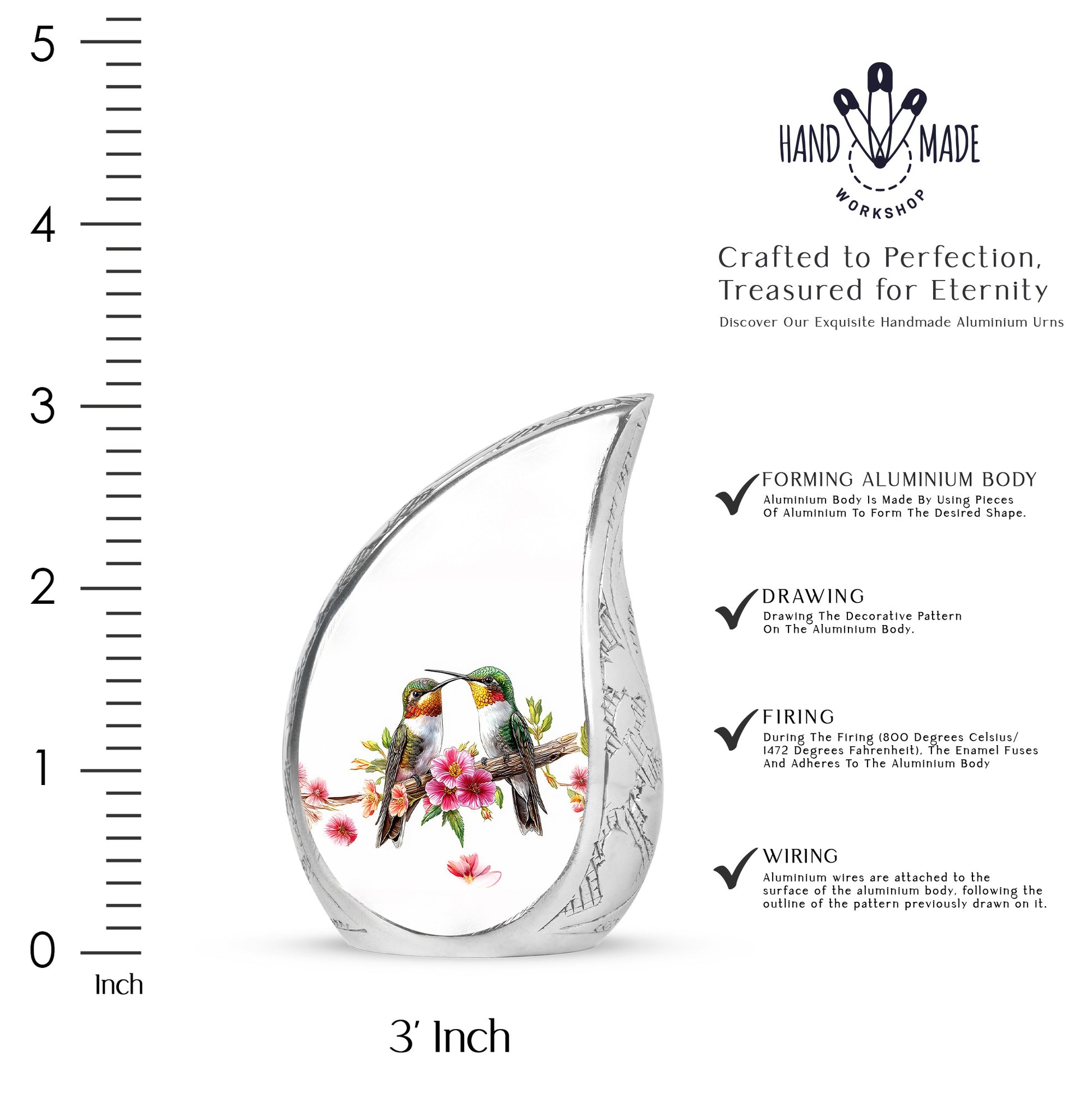 Satin Silver Hummingbird Cremation Urn angled view of lid and engraved motif - rounded teardrop hummingbird design with delicate detail - mini keepsake memorial for portion of cremation ashes