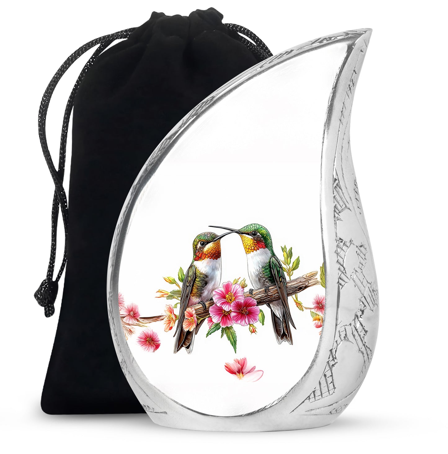 Moonlight Silver Hummingbird Cremation Urn front view showing detailed design - smooth teardrop contour featuring hummingbird art - full-size 10 inch 200 cubic inch adult cremation urn