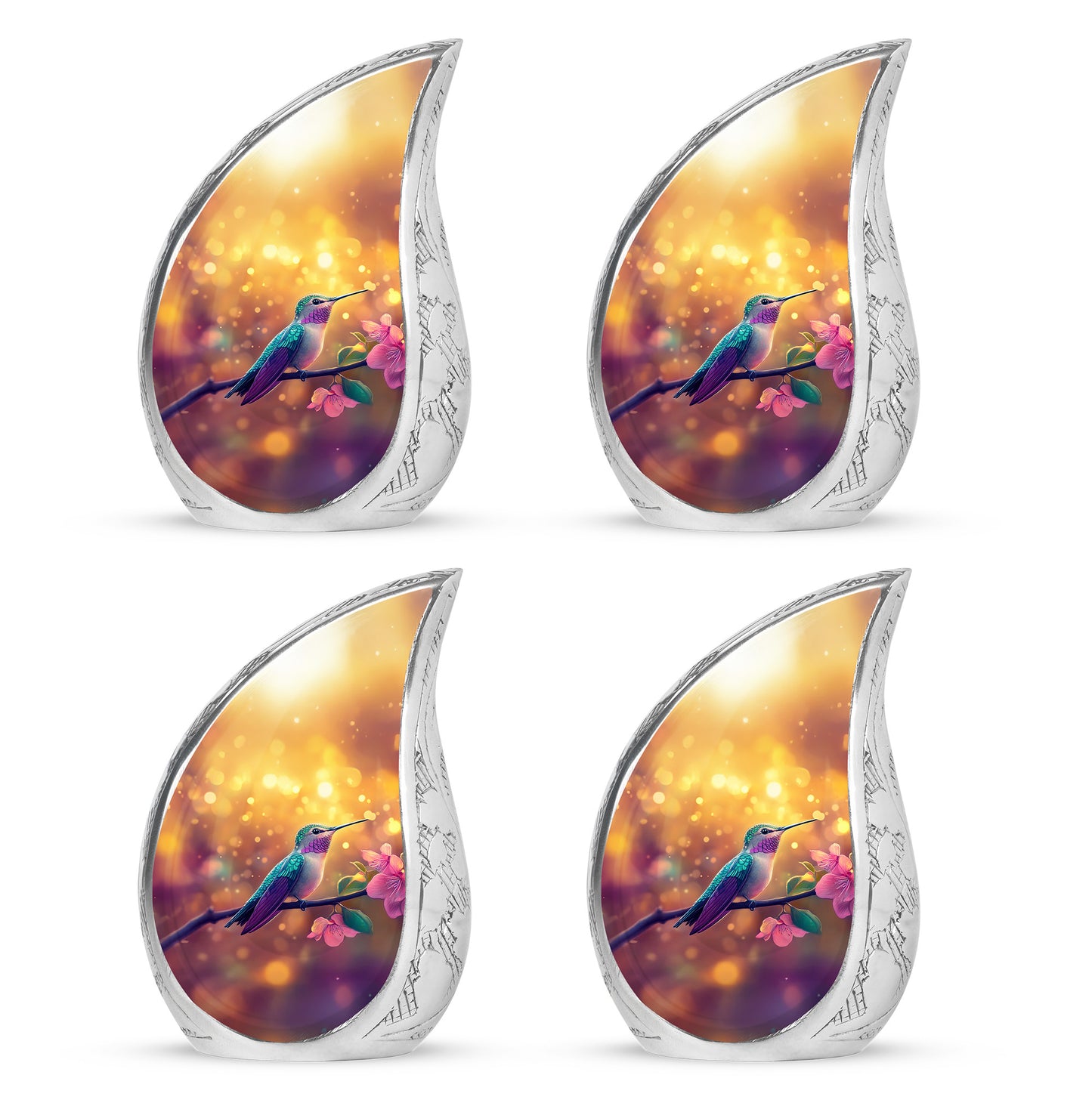 Royal Gold Hummingbird Cremation Urn close-up of engraving and surface detail - graceful tear-shaped urn with hummingbird motif - 10 inch aluminum urn for cremated remains