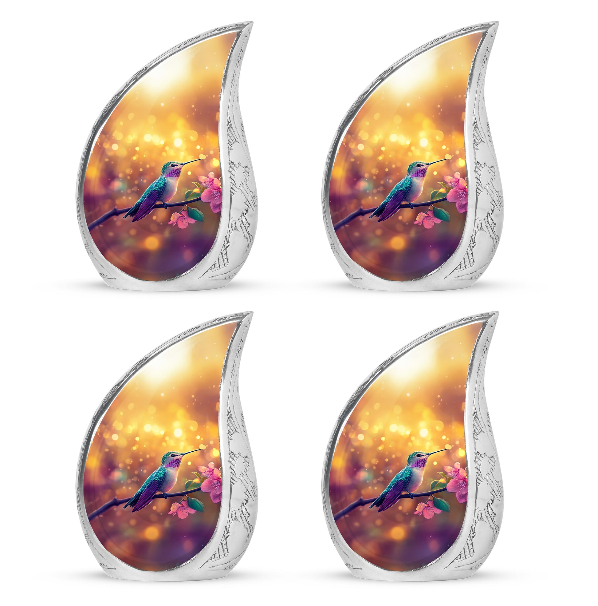 Royal Gold Hummingbird Cremation Urn close-up of engraving and surface detail - graceful tear-shaped urn with hummingbird motif - 10 inch aluminum urn for cremated remains