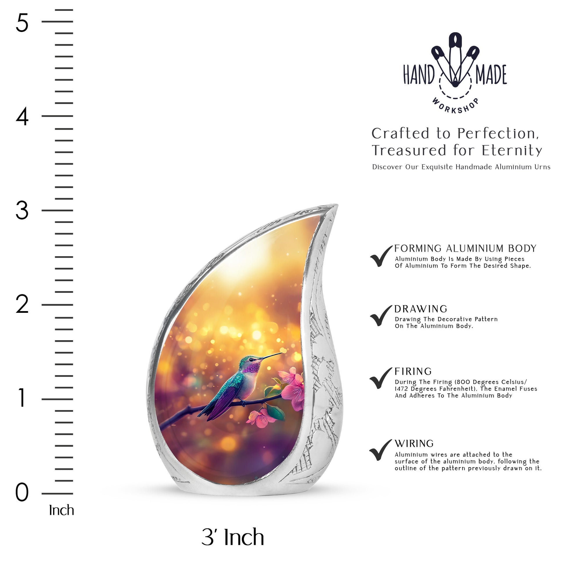 Gilded Gold Hummingbird Cremation Urn angled view of lid and engraved motif - flowing teardrop hummingbird silhouette on curved aluminum - mini keepsake memorial for portion of cremation ashes