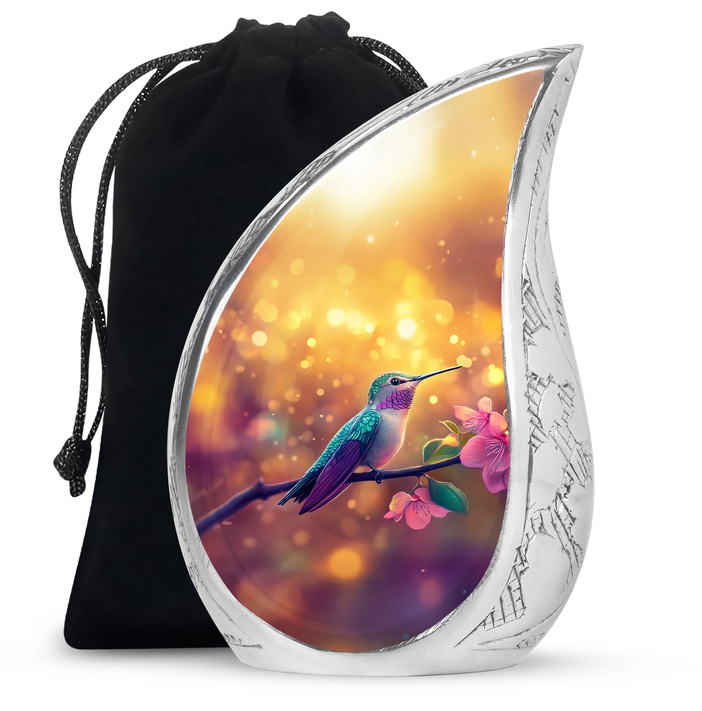 Sunrise Gold Hummingbird Cremation Urn front view showing detailed design - flowing teardrop hummingbird silhouette on curved aluminum - full-size 10 inch 200 cubic inch adult cremation urn