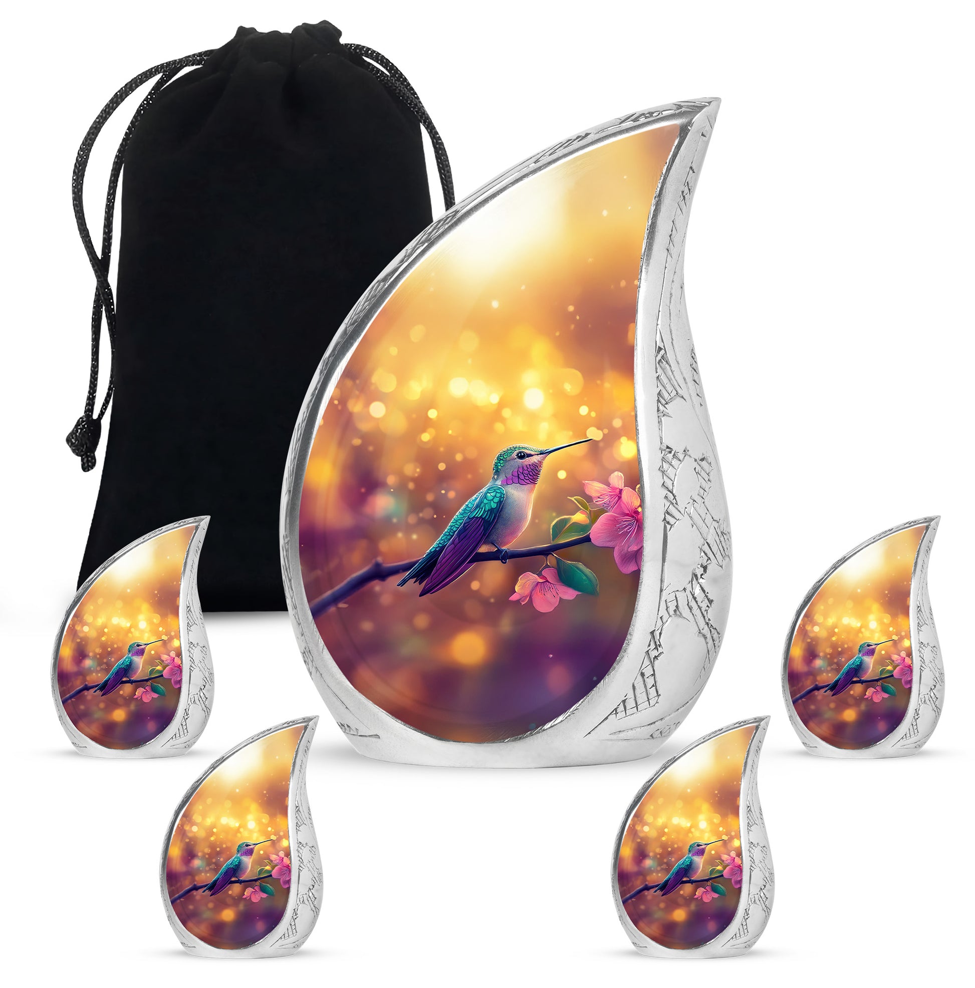 Burnished Gold Hummingbird Cremation Urn side profile showing urn shape - graceful tear-shaped urn with hummingbird motif - memorial set with one large and four small urns