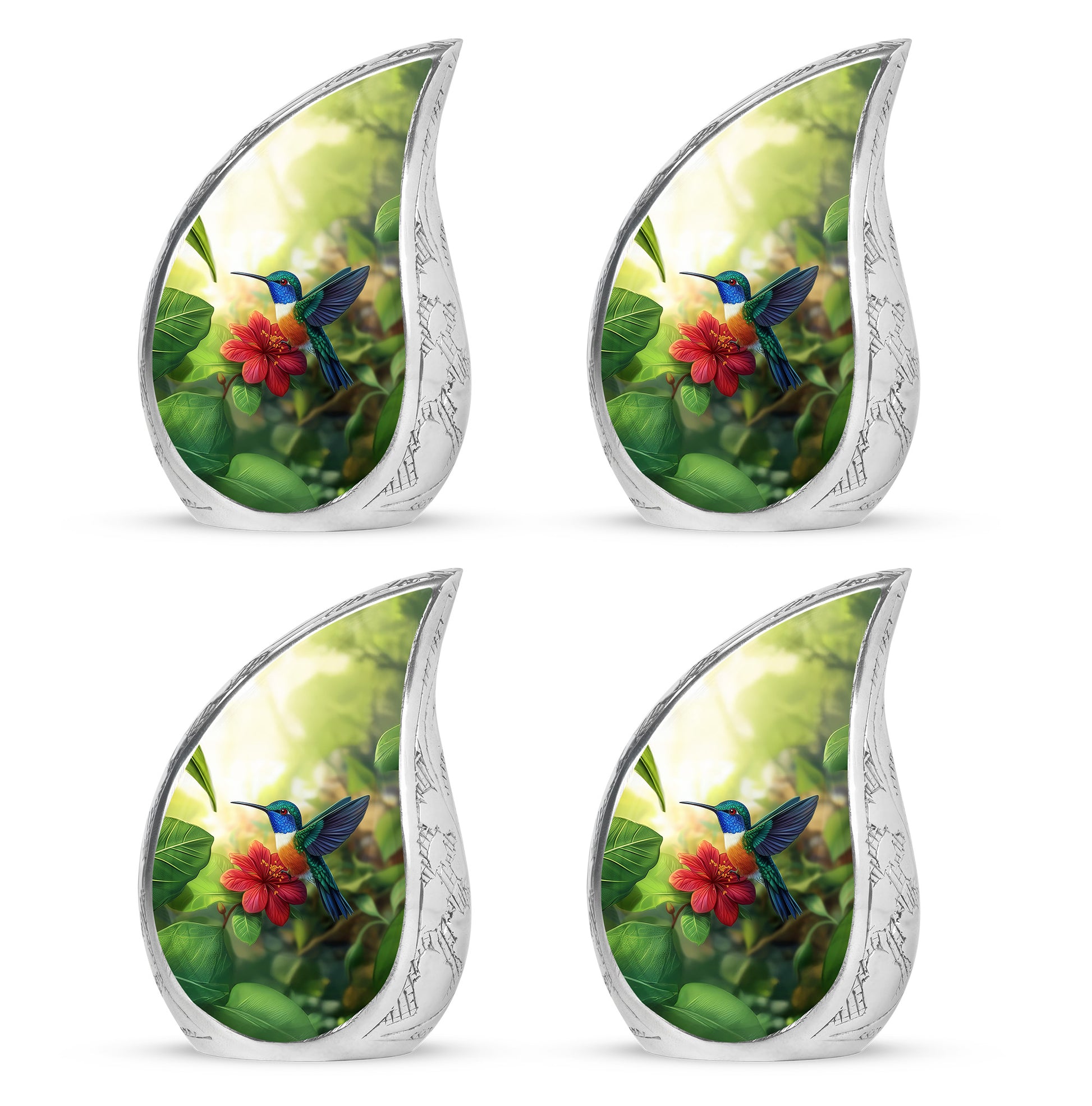 Golden Yellow Hummingbird Cremation Urn close-up of engraving and surface detail - rounded teardrop hummingbird design with delicate detail - 10 inch aluminum urn for cremated remains