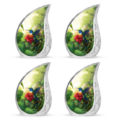 Golden Yellow Hummingbird Cremation Urn close-up of engraving and surface detail - rounded teardrop hummingbird design with delicate detail - 10 inch aluminum urn for cremated remains