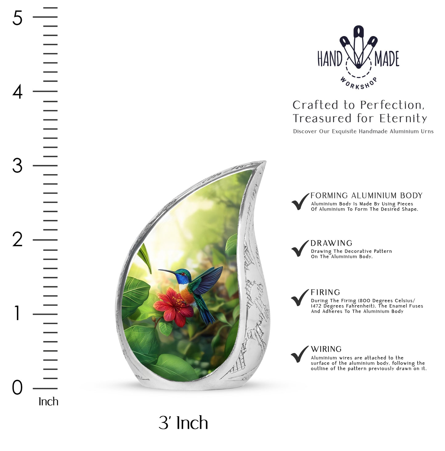 Soft Yellow Hummingbird Cremation Urn angled view of lid and engraved motif - smooth teardrop contour featuring hummingbird art - mini keepsake memorial for portion of cremation ashes