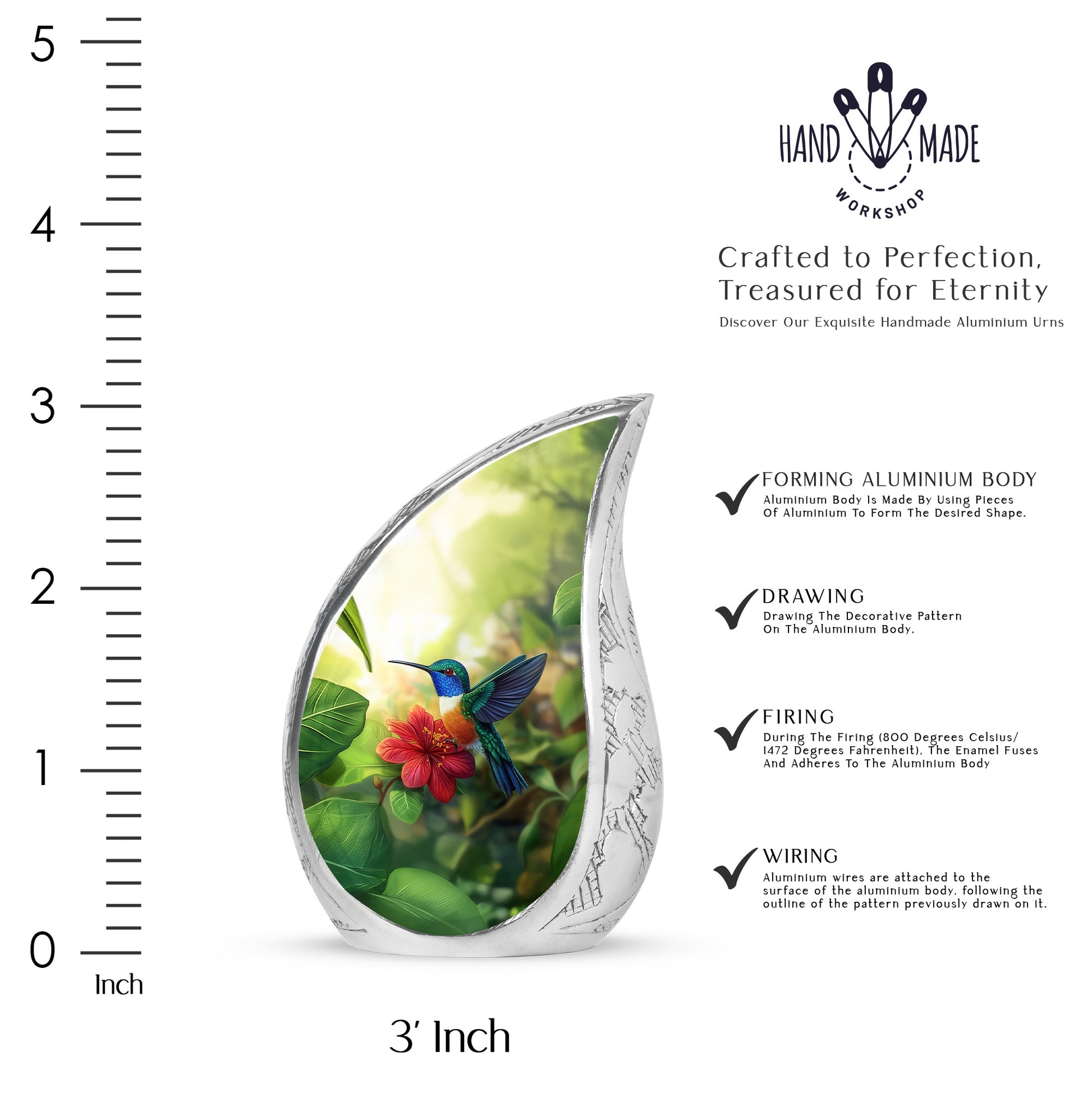 Soft Yellow Hummingbird Cremation Urn angled view of lid and engraved motif - smooth teardrop contour featuring hummingbird art - mini keepsake memorial for portion of cremation ashes