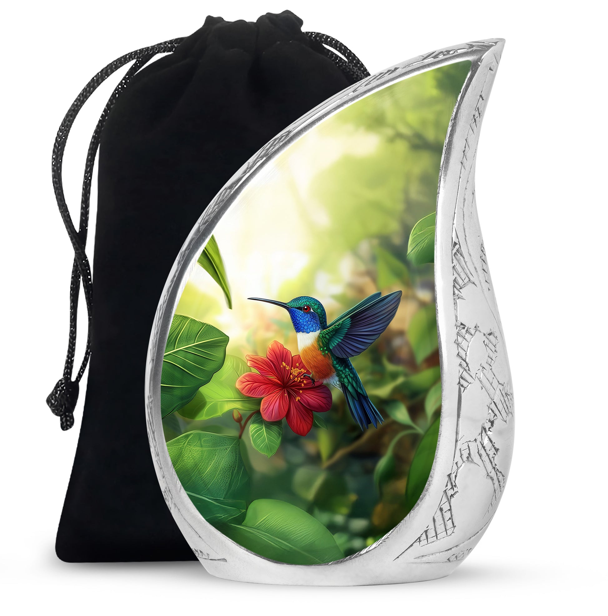 Marigold Yellow Hummingbird Cremation Urn front view showing detailed design - smooth teardrop contour featuring hummingbird art - full-size 10 inch 200 cubic inch adult cremation urn