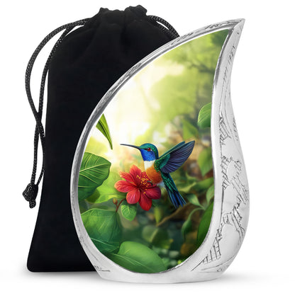 Marigold Yellow Hummingbird Cremation Urn front view showing detailed design - smooth teardrop contour featuring hummingbird art - full-size 10 inch 200 cubic inch adult cremation urn