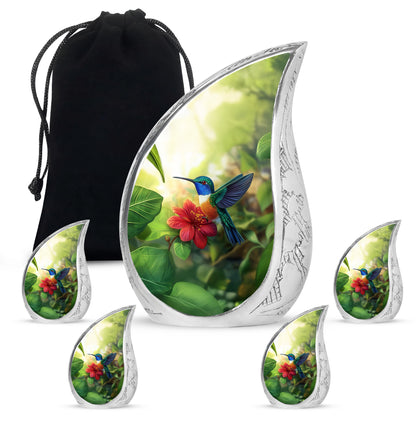 Lemon Yellow Hummingbird Cremation Urn side profile showing urn shape - graceful tear-shaped urn with hummingbird motif - memorial set with one large and four small urns