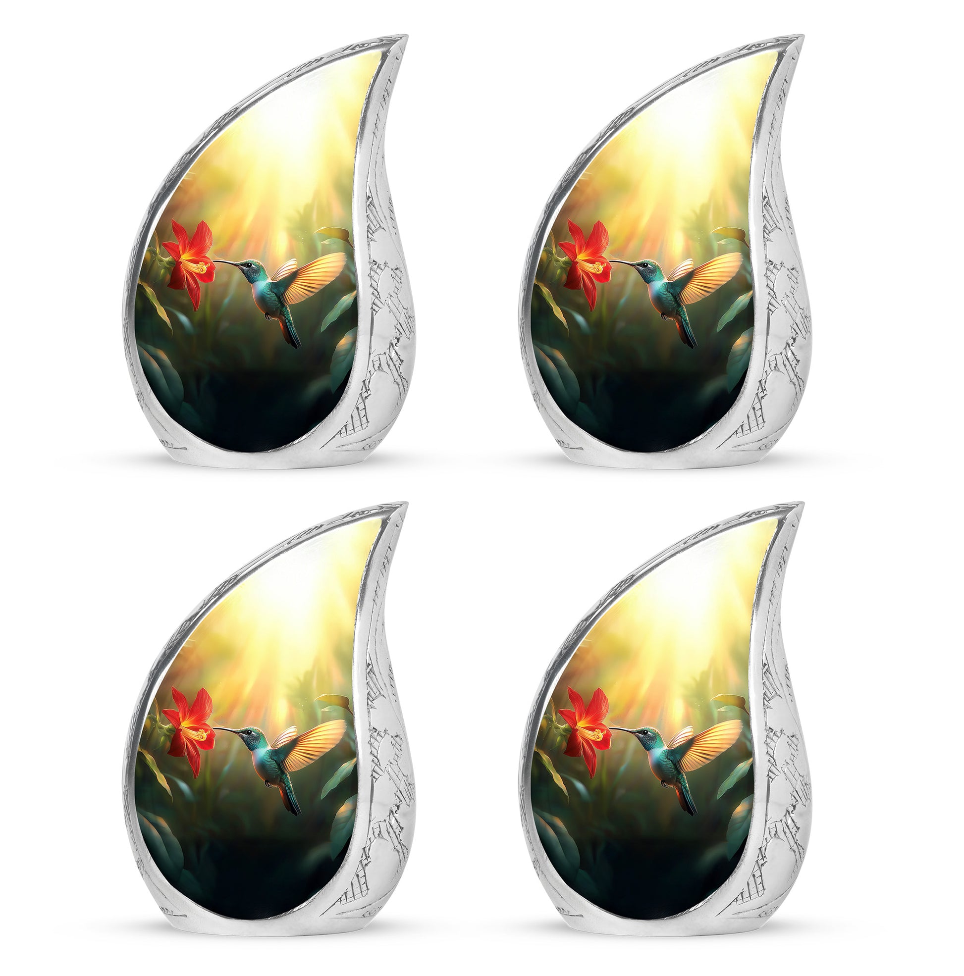 Harvest Gold Hummingbird Cremation Urn close-up of engraving and surface detail - smooth teardrop contour featuring hummingbird art - 10 inch aluminum urn for cremated remains