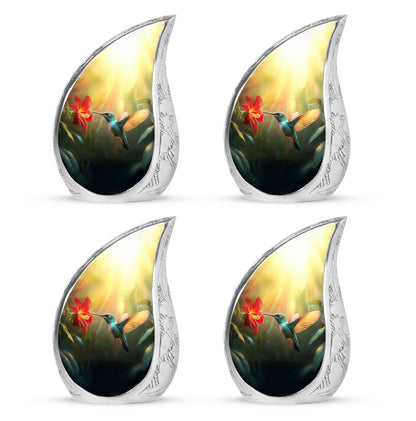 Harvest Gold Hummingbird Cremation Urn close-up of engraving and surface detail - smooth teardrop contour featuring hummingbird art - 10 inch aluminum urn for cremated remains