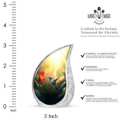 Amber Gold Hummingbird Cremation Urn angled view of lid and engraved motif - rounded teardrop hummingbird design with delicate detail - mini keepsake memorial for portion of cremation ashes