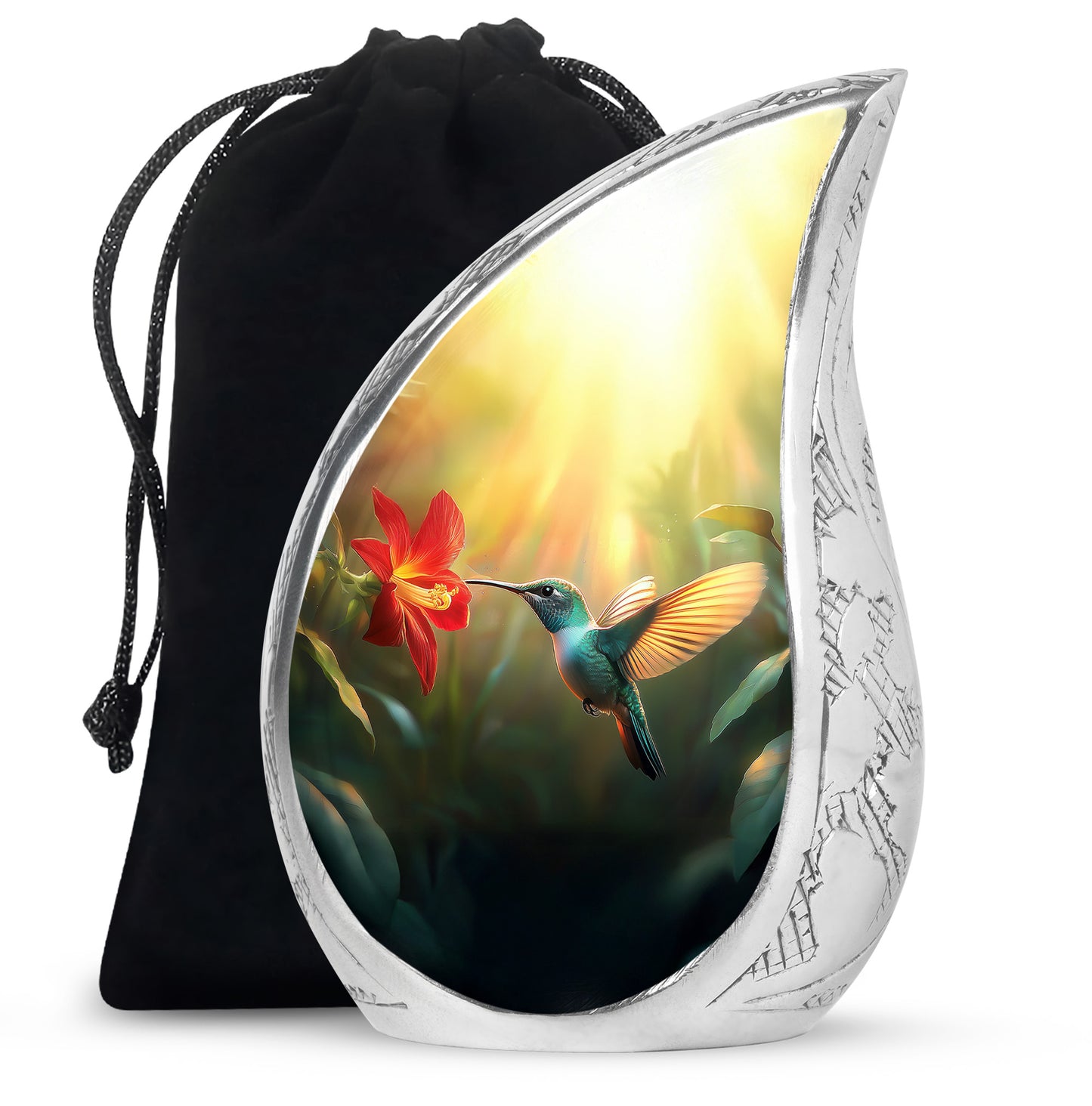 Warm Gold Hummingbird Cremation Urn front view showing detailed design - smooth teardrop contour featuring hummingbird art - full-size 10 inch 200 cubic inch adult cremation urn