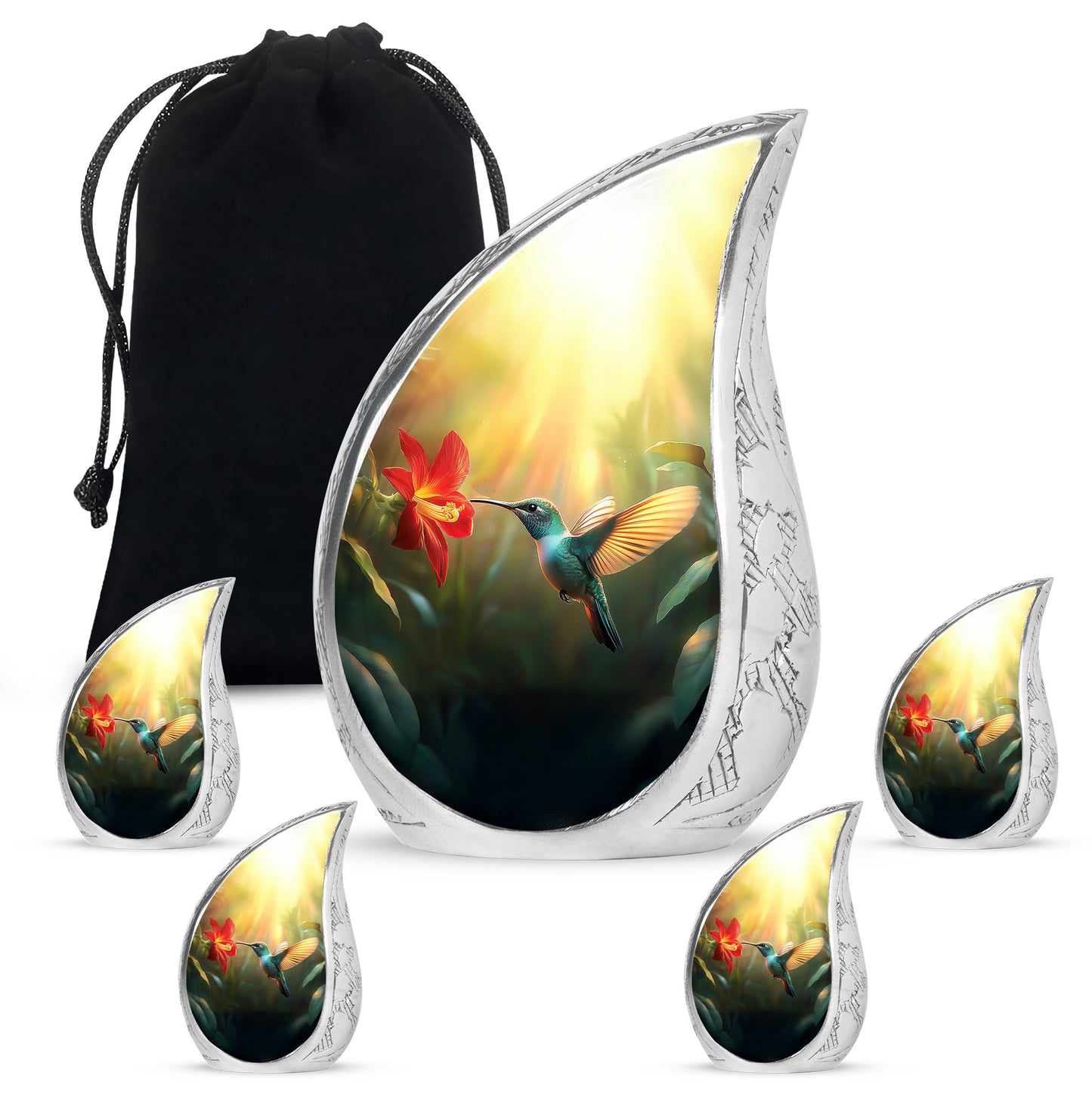 Sunrise Gold Hummingbird Cremation Urn side profile showing urn shape - rounded teardrop hummingbird design with delicate detail - memorial set with one large and four small urns