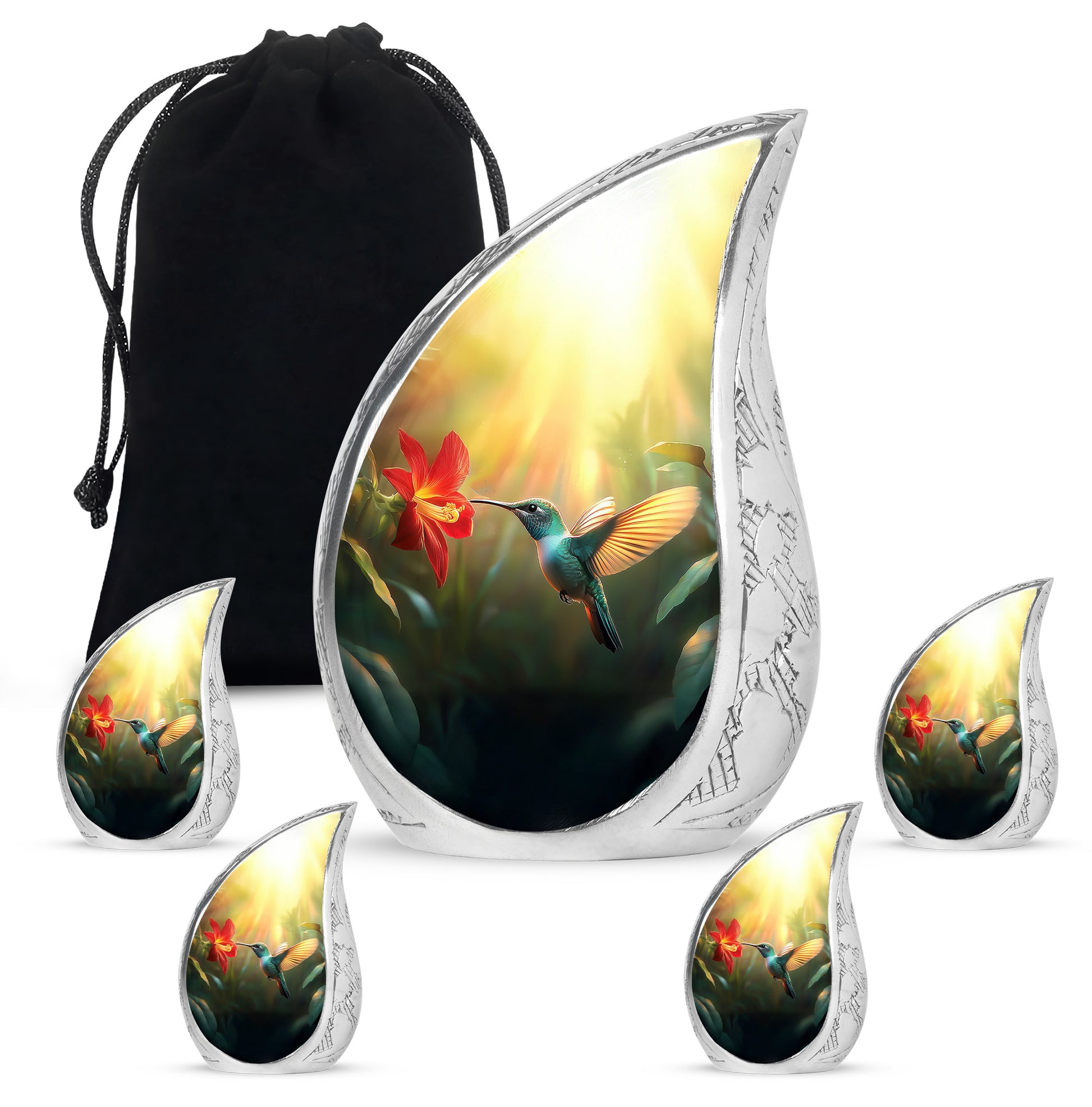 Sunrise Gold Hummingbird Cremation Urn side profile showing urn shape - rounded teardrop hummingbird design with delicate detail - memorial set with one large and four small urns