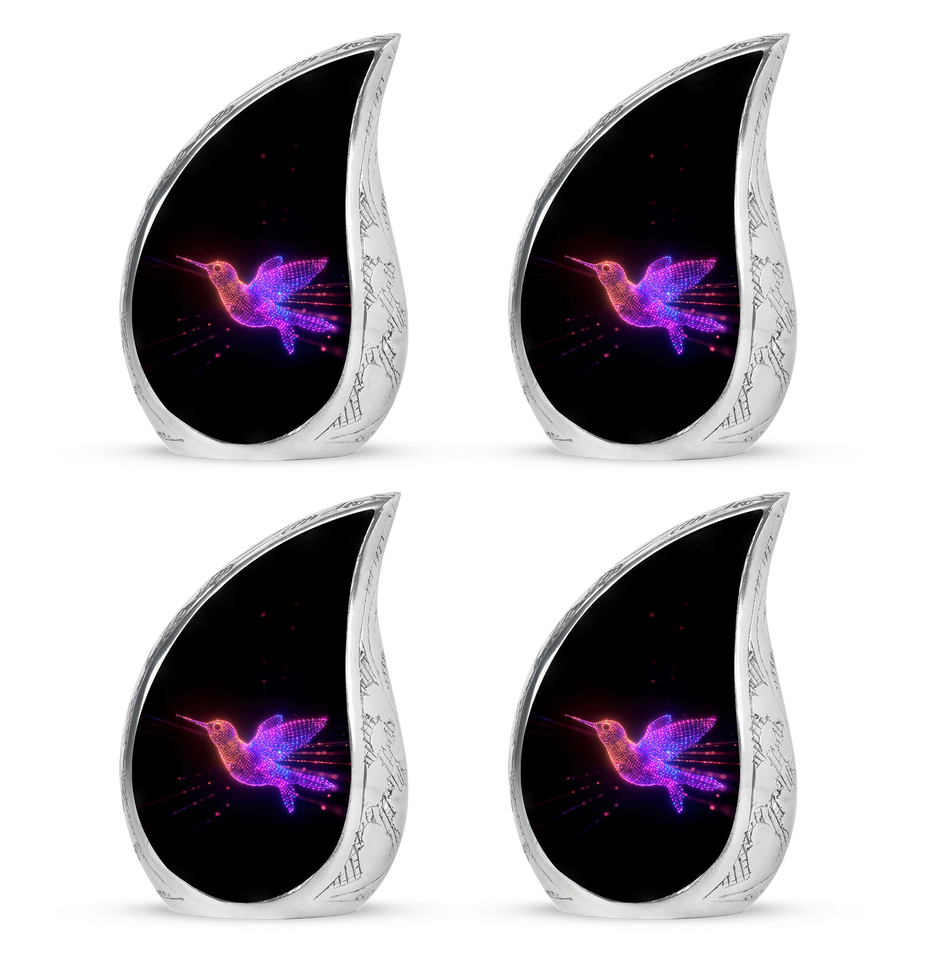 Midnight Black Hummingbird Cremation Urn close-up of engraving and surface detail - graceful tear-shaped urn with hummingbird motif - 10 inch aluminum urn for cremated remains