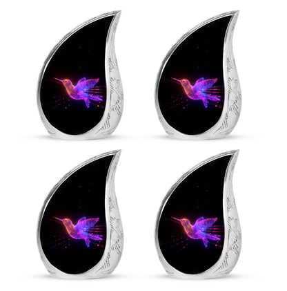 Midnight Black Hummingbird Cremation Urn close-up of engraving and surface detail - graceful tear-shaped urn with hummingbird motif - 10 inch aluminum urn for cremated remains